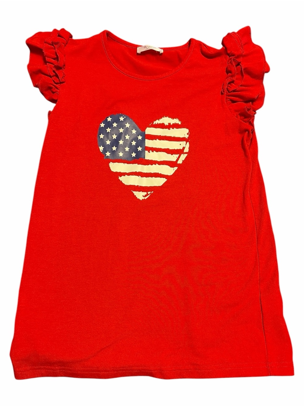 Girls' L Red Ruffle Sleeve Tee with Flag Heart Graphic